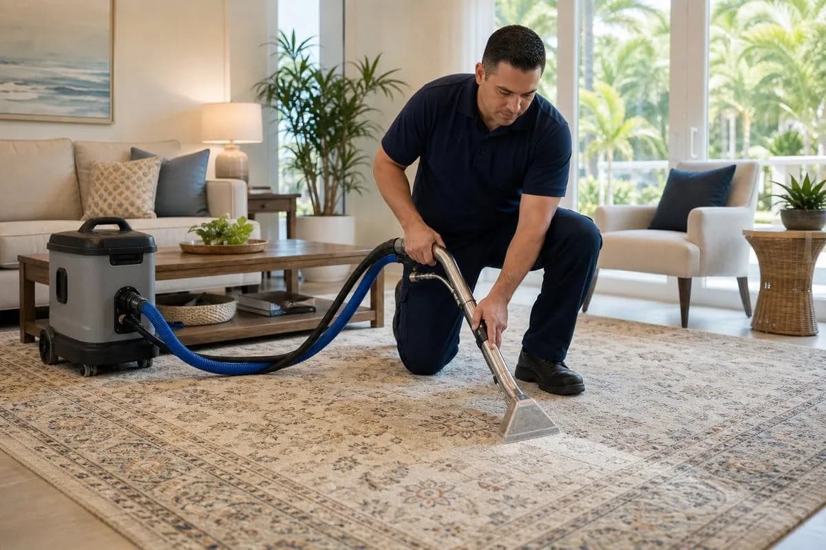 Technician cleaning an area rug in a bright South Florida living room