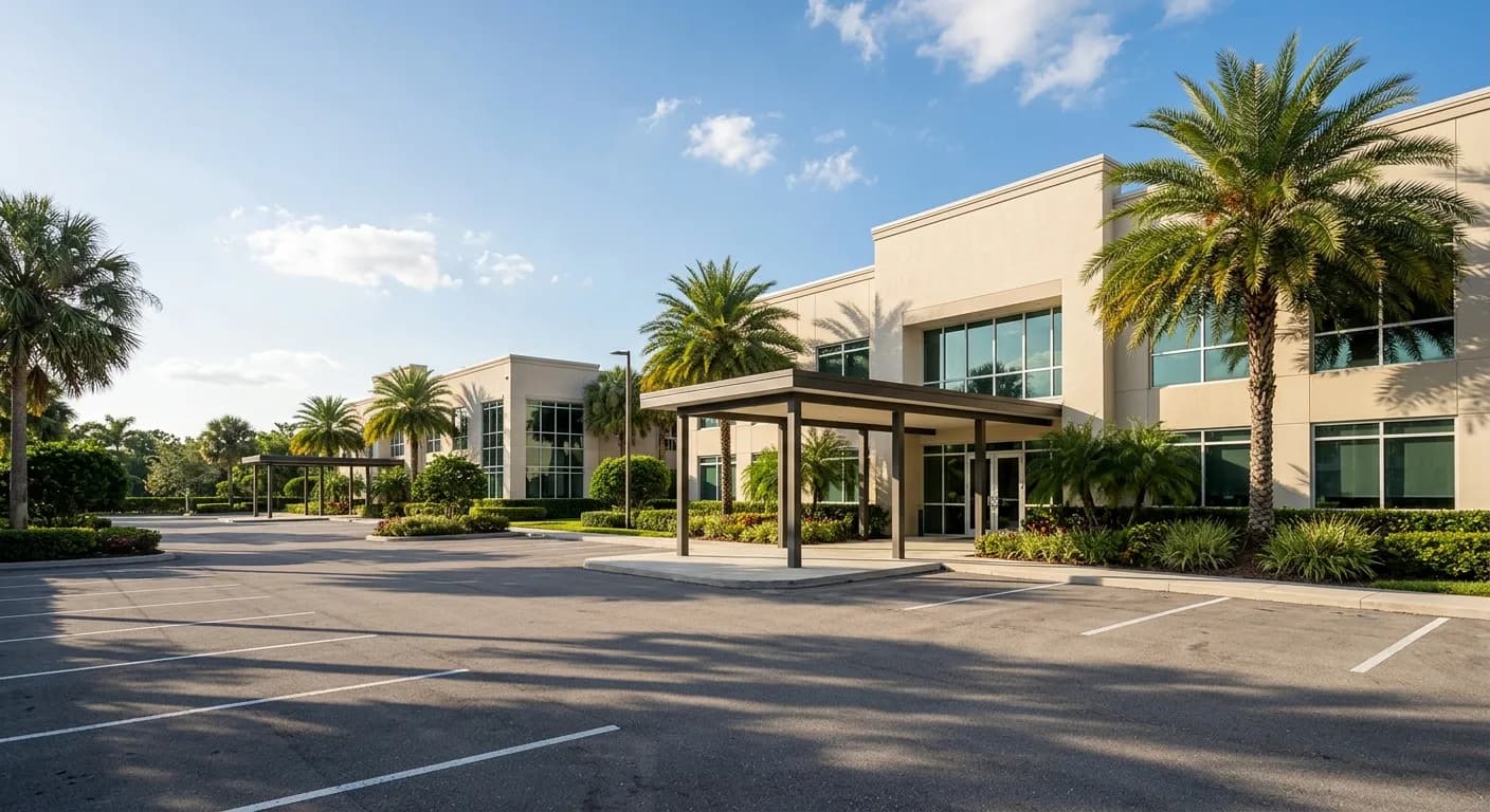 Suburban South Florida commercial office park with palms and a covered entrance canopy in afternoon light