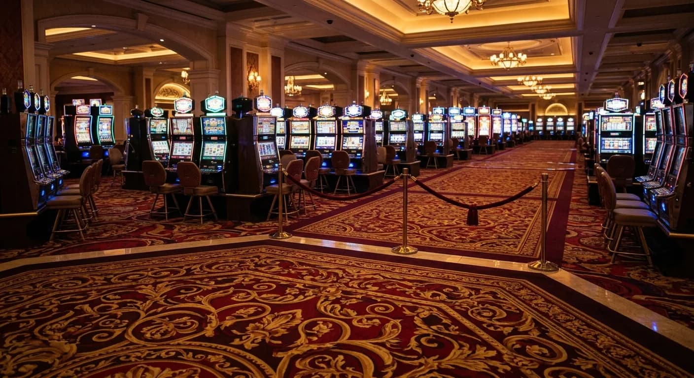 Casino gaming floor with patterned red and gold carpet and one aisle section cordoned off with a rope stanchion