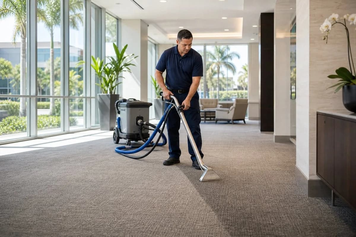 Commercial carpet cleaning technician cleaning a Broward County office lobby carpet