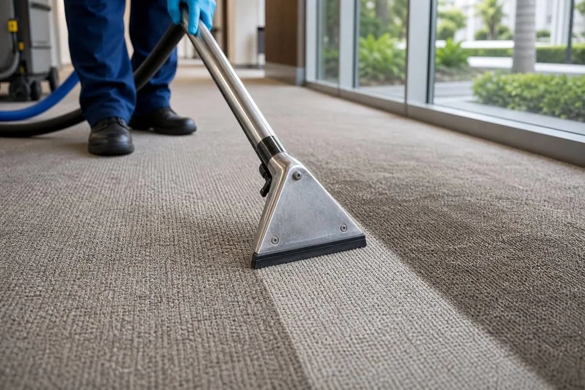 Close-up of carpet extraction cleaning a Broward County high traffic lane