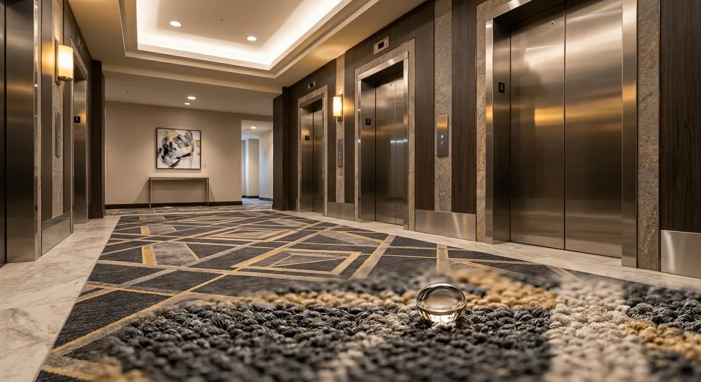 Water beading on the surface of a treated commercial carpet in a hotel lift lobby