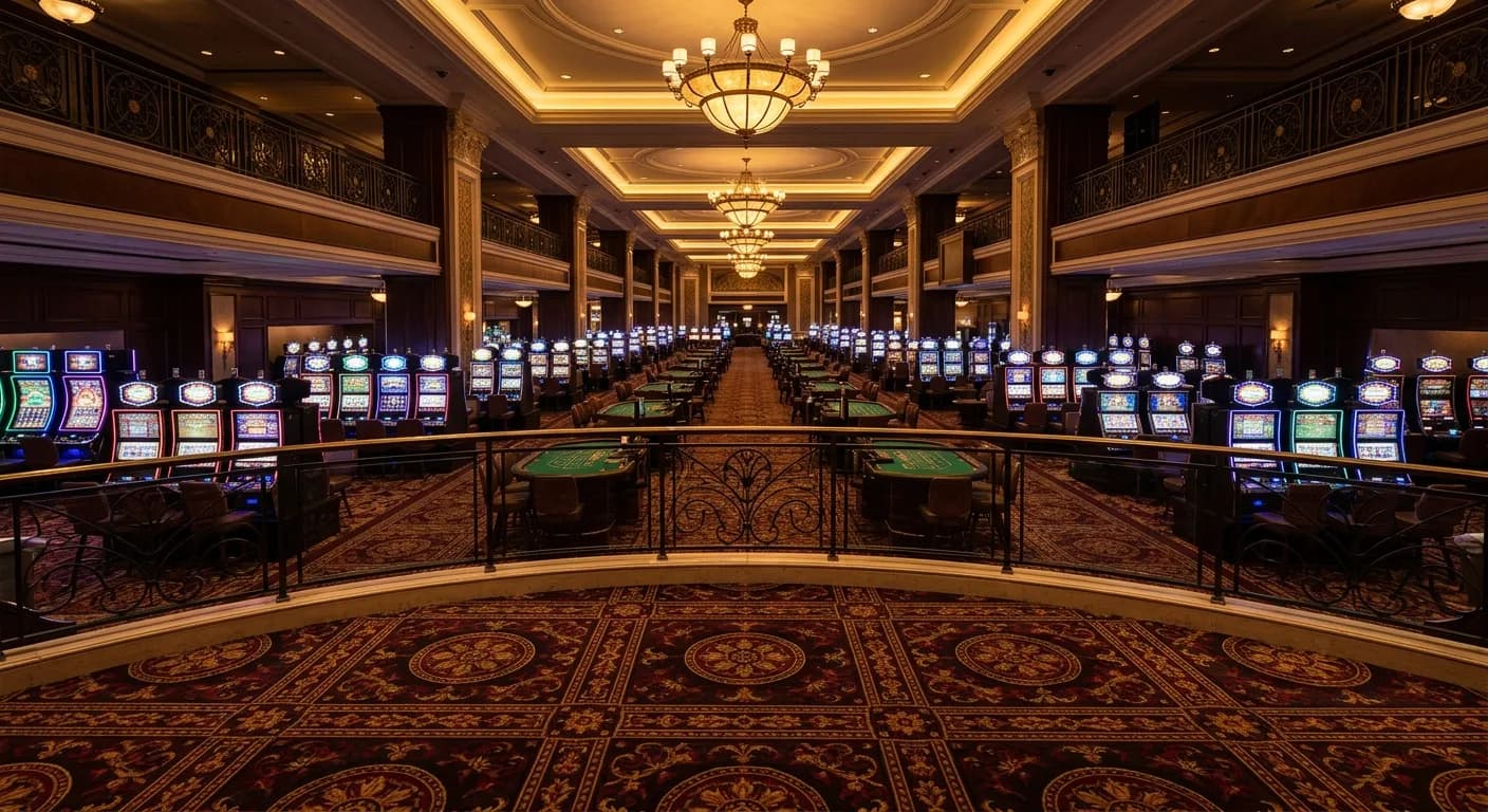 Casino gaming floor with patterned carpet between rows of slot machines and table games