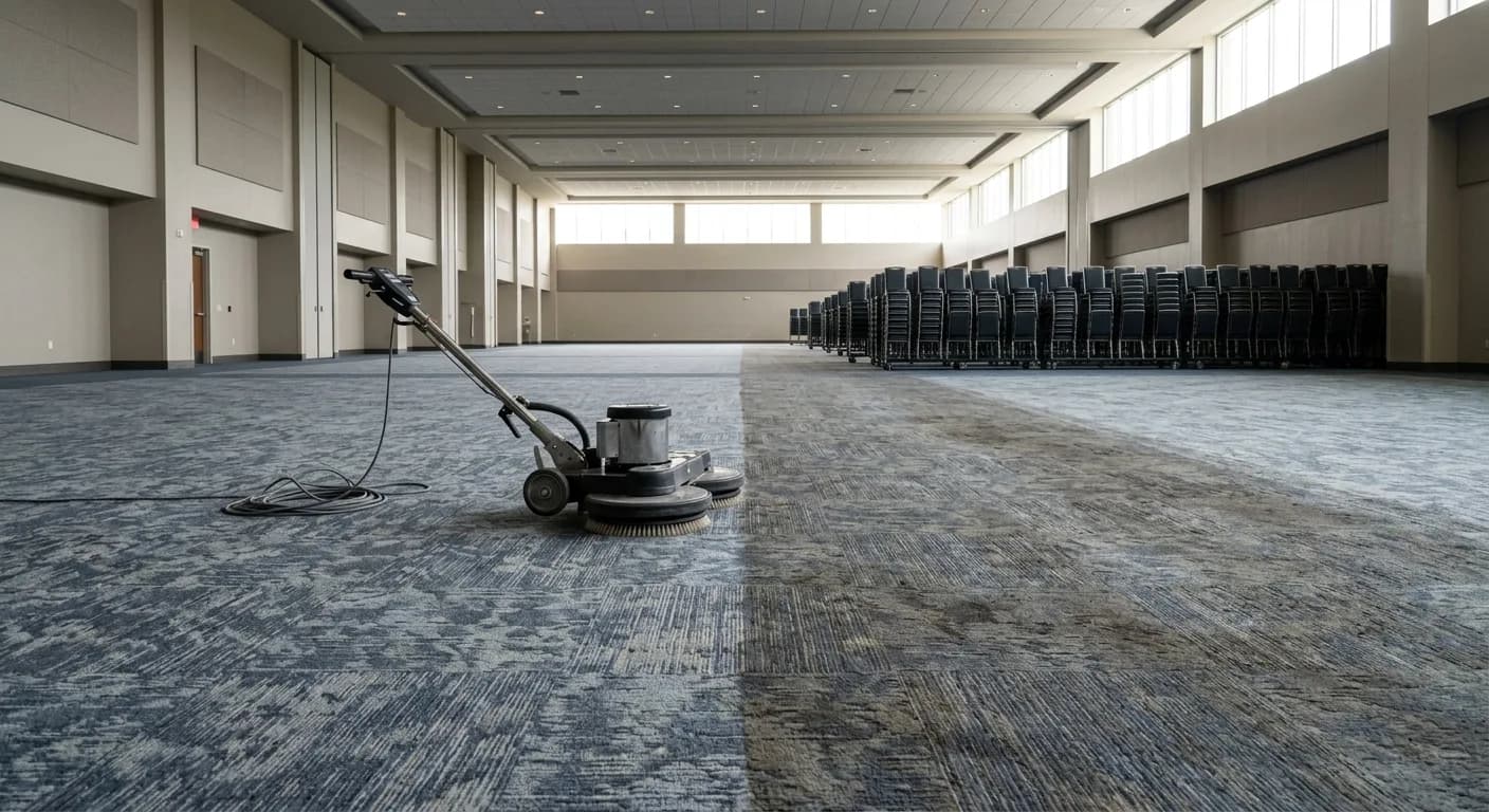 Counter-rotating floor machine standing on commercial carpet in a function room, with a visible line between cleaned and uncleaned floor