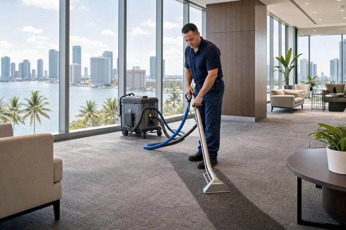 Commercial carpet cleaning technician cleaning a Miami-Dade office lobby carpet