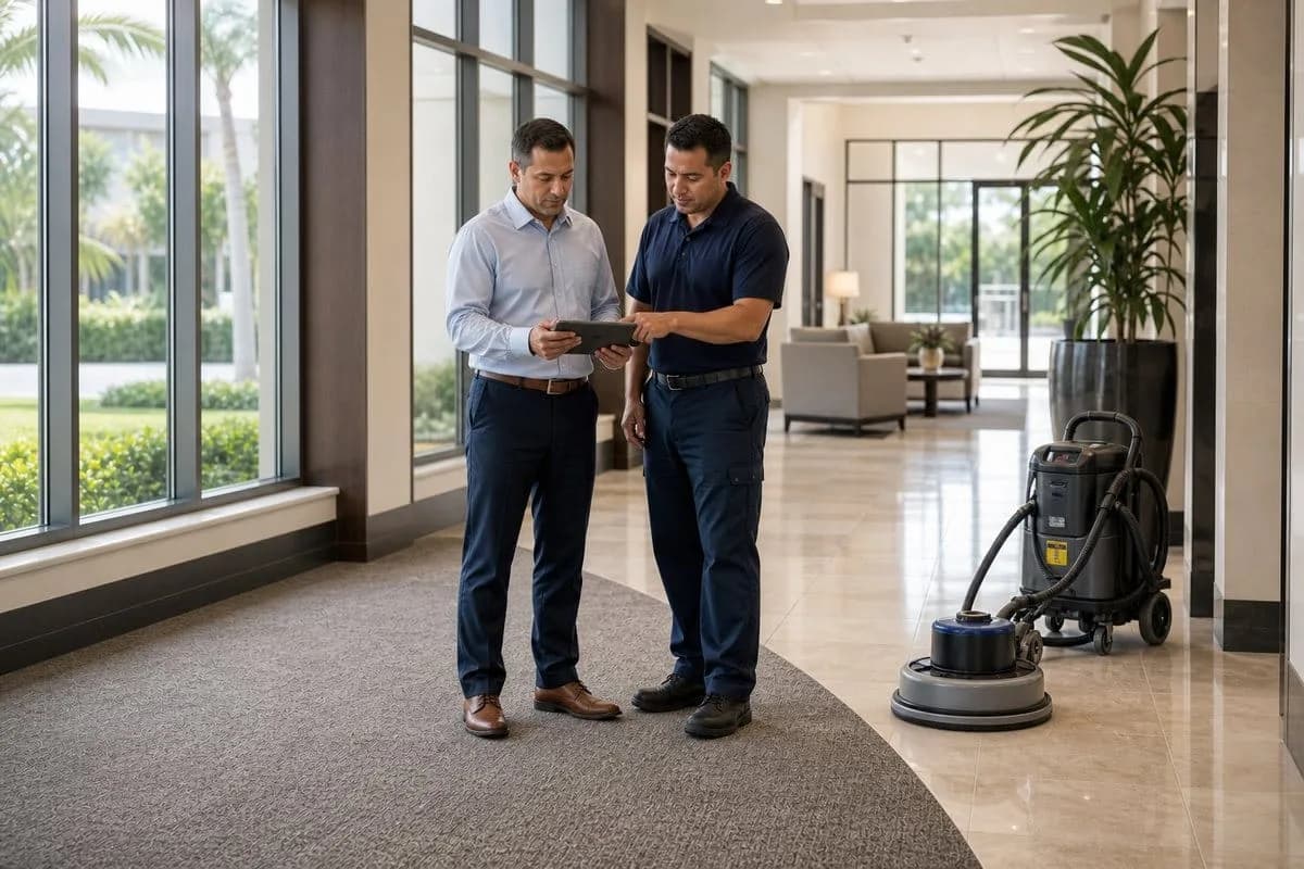 Facility manager and technician planning commercial floor maintenance in South Florida
