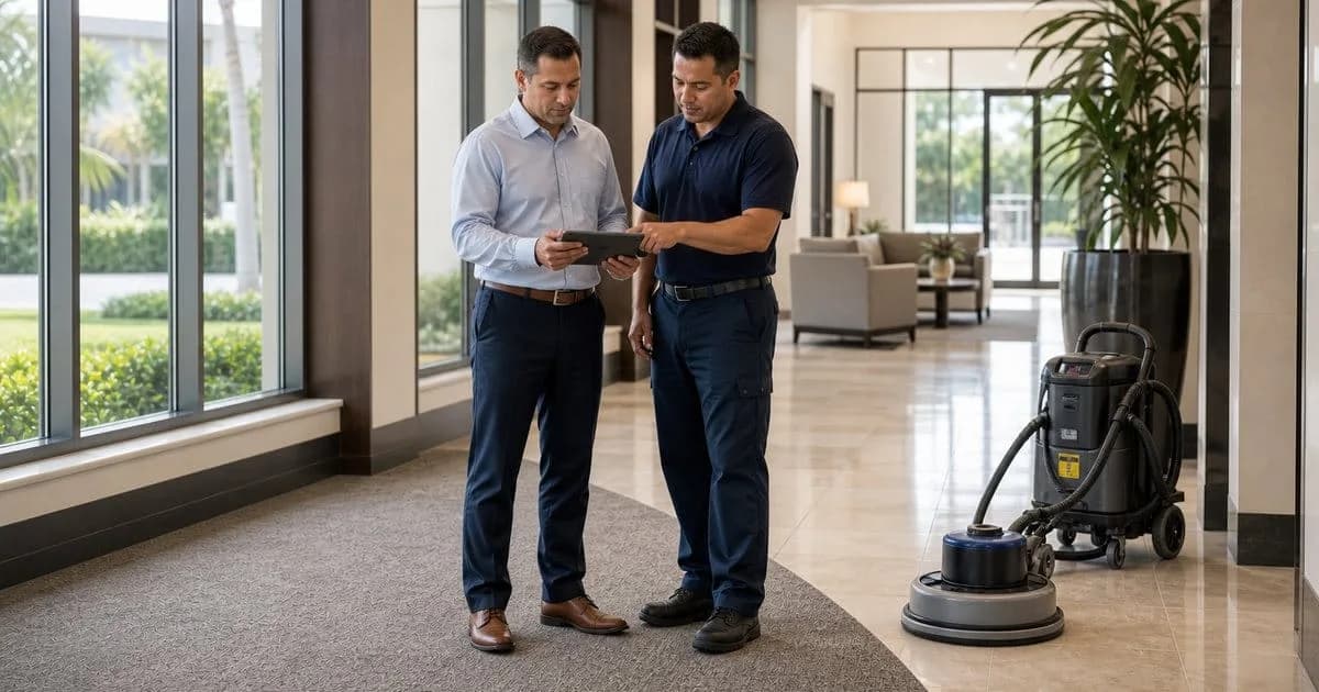 Facility manager and technician planning commercial floor maintenance in South Florida