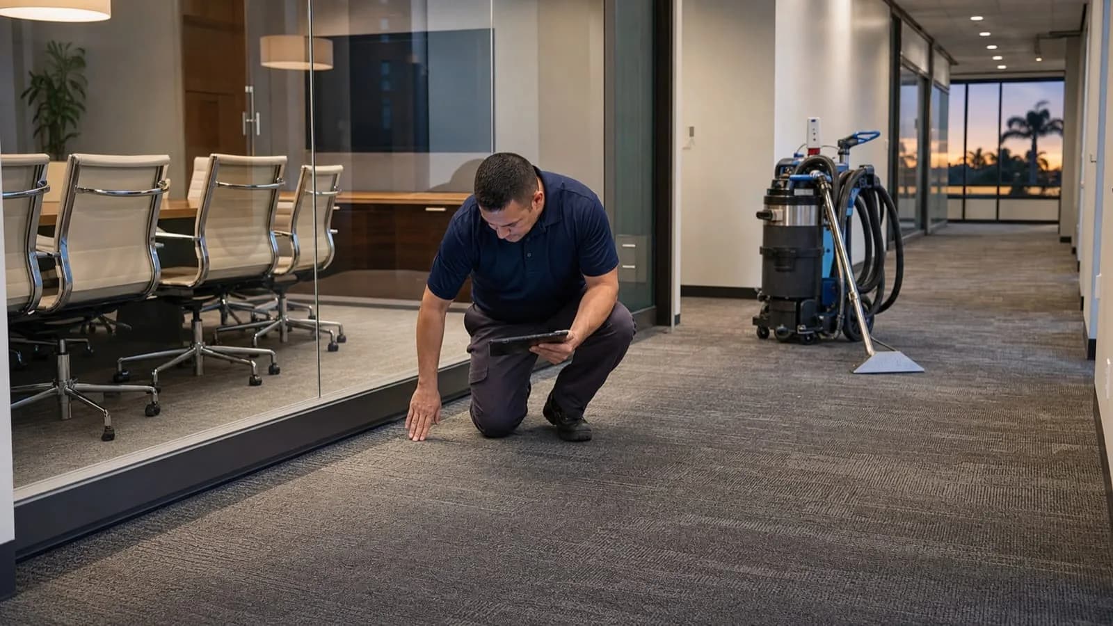 Commercial carpet cleaning technician inspecting office carpet traffic lanes in South Florida