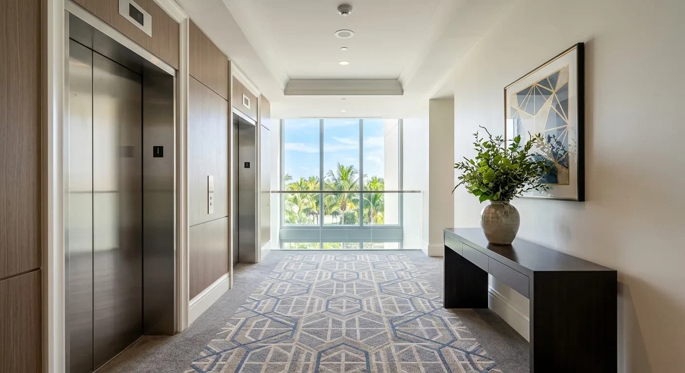 High-rise condominium lift lobby with patterned carpet, lift doors and floor-to-ceiling glass beyond