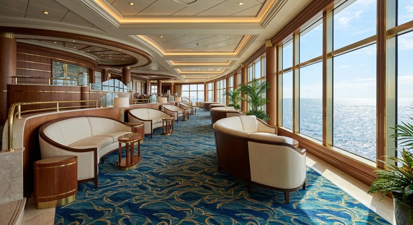 Empty cruise ship lounge with patterned wool carpet and open sea visible through tall windows