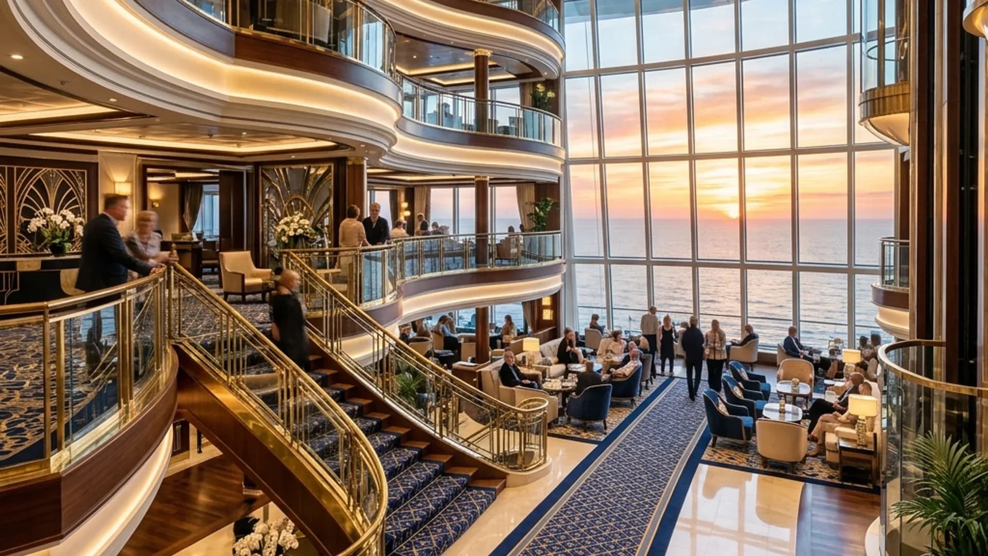 Luxury cruise ship atrium with immaculate carpet runner and ocean view