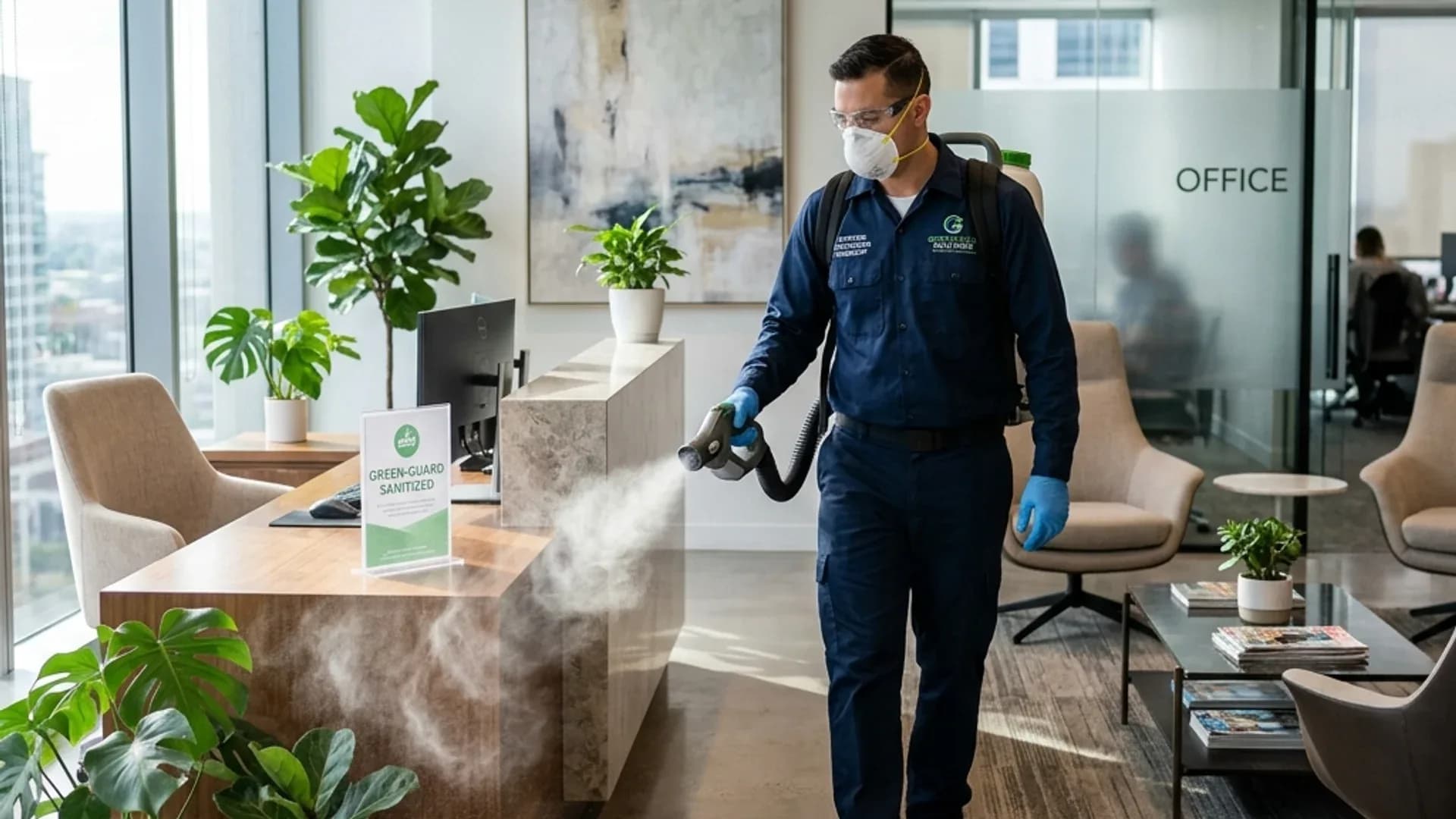 Sanitization technician applying eco-friendly wet fogging disinfectant
