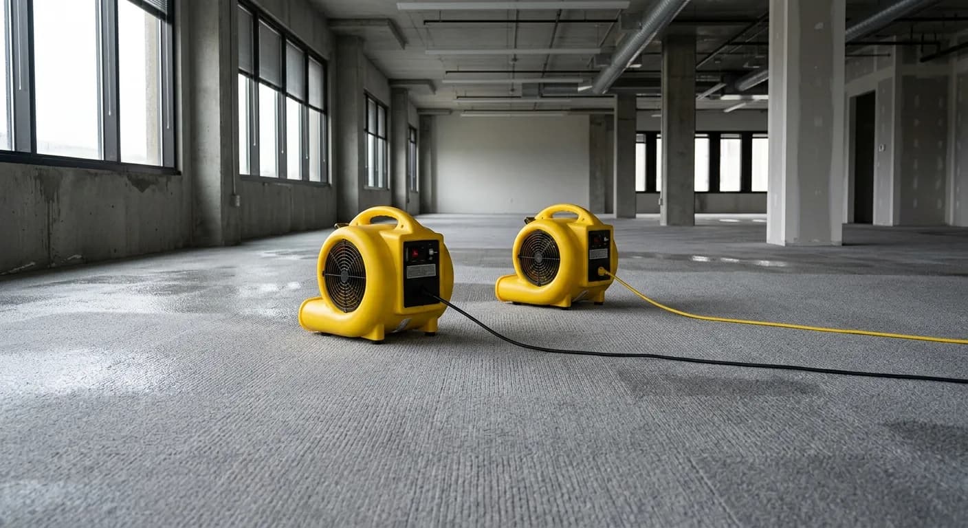 Two yellow air movers drying freshly cleaned commercial carpet in an empty room