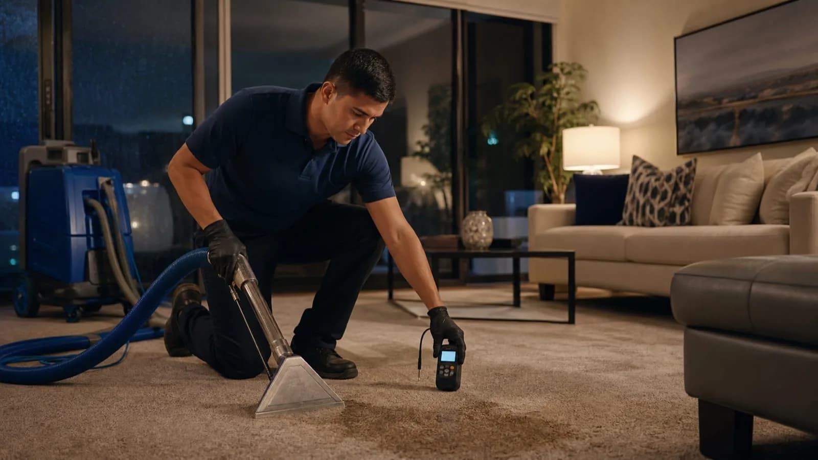24/7 emergency carpet cleaning technician responding to a moisture issue in South Florida