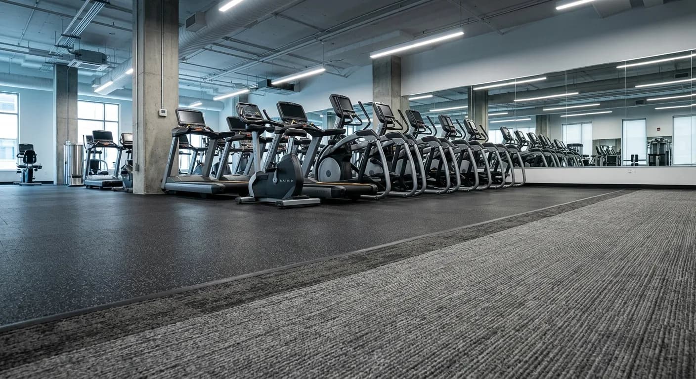 Commercial gym where rubber flooring meets carpet, with a darker soiled band along the transition