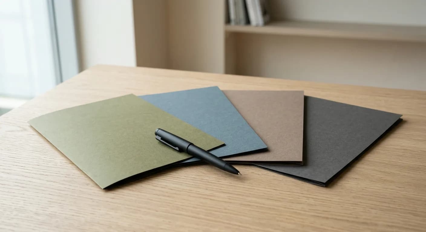Four blank coloured document folders fanned out on a desk with a pen resting across them