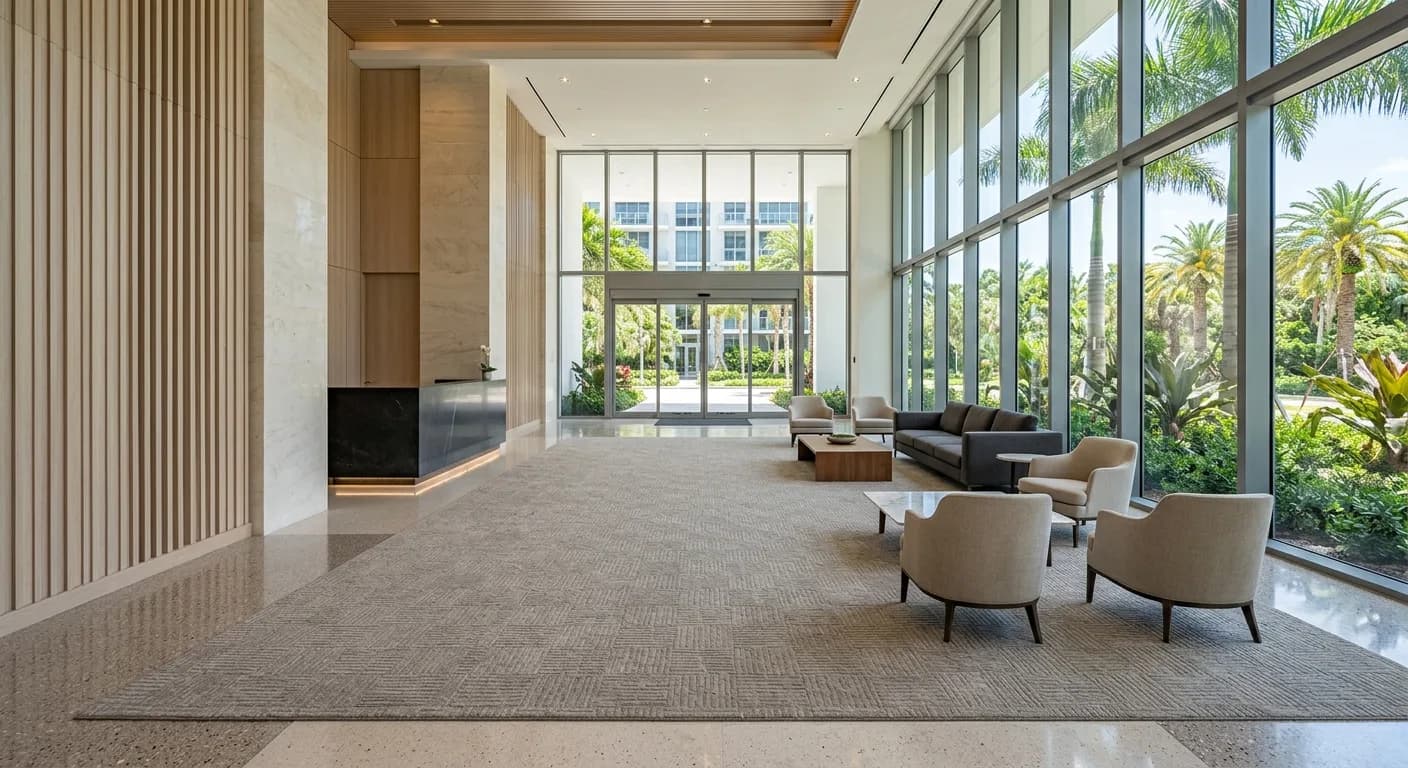 Bright lobby of a South Florida high-rise condominium with a large patterned area carpet