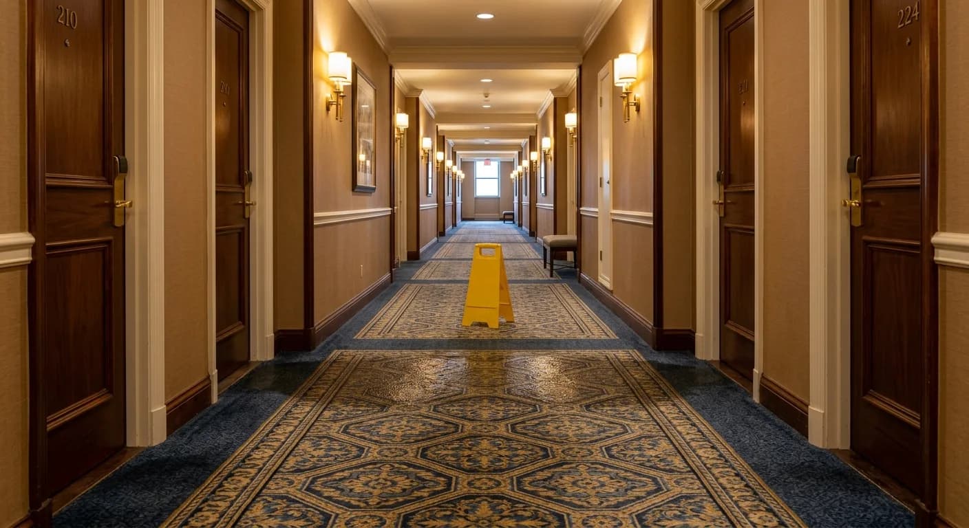 Hotel corridor with patterned carpet part-way through cleaning, a caution sign standing on the damp section