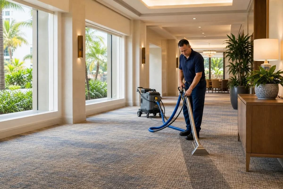 Hotel carpet cleaning technician cleaning a South Florida resort corridor