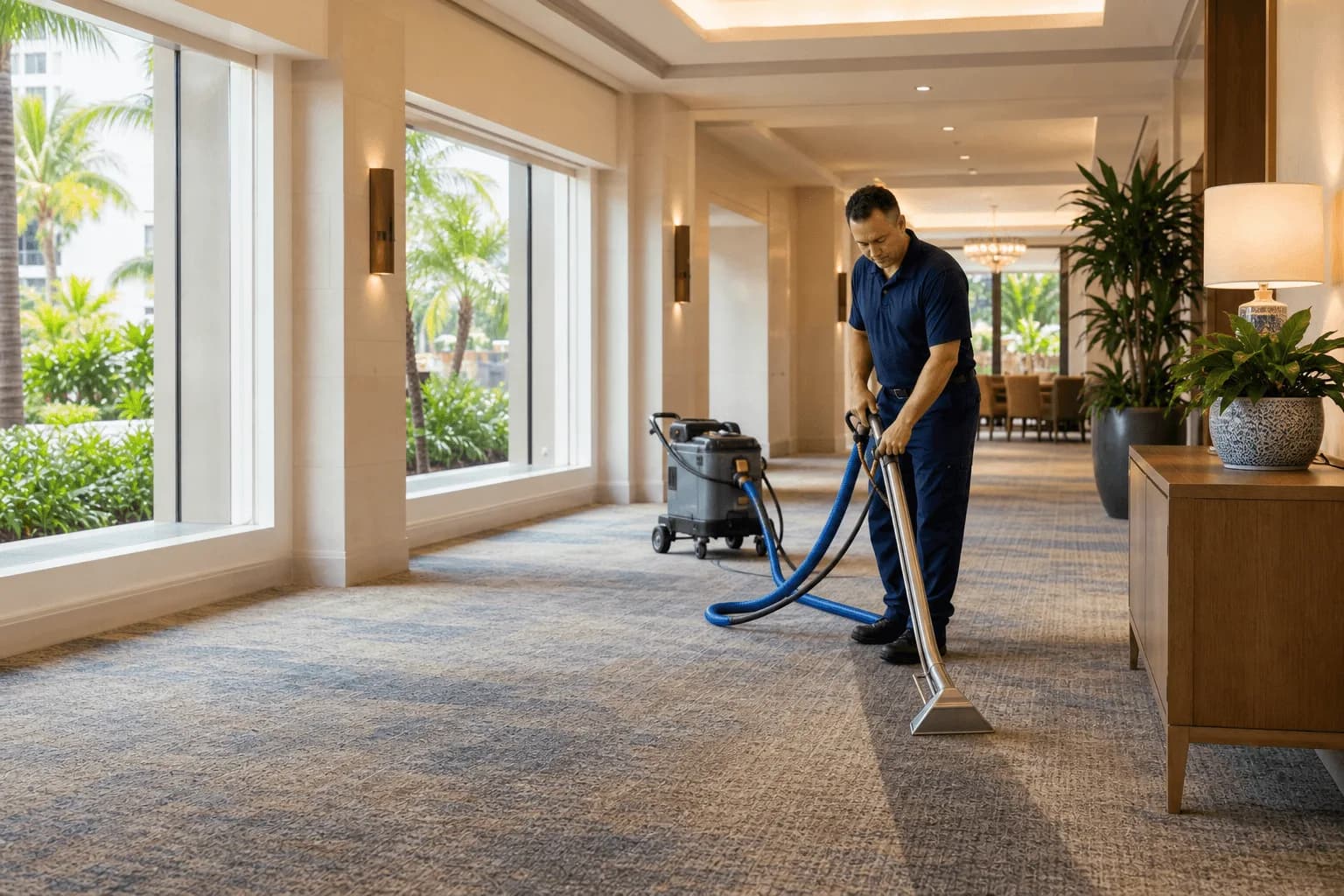 Carpet cleaning underway in the corridor of a South Florida hotel