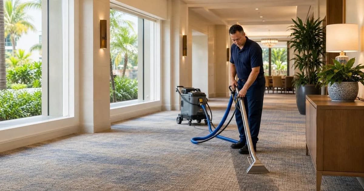 Hotel carpet cleaning technician cleaning a South Florida resort corridor