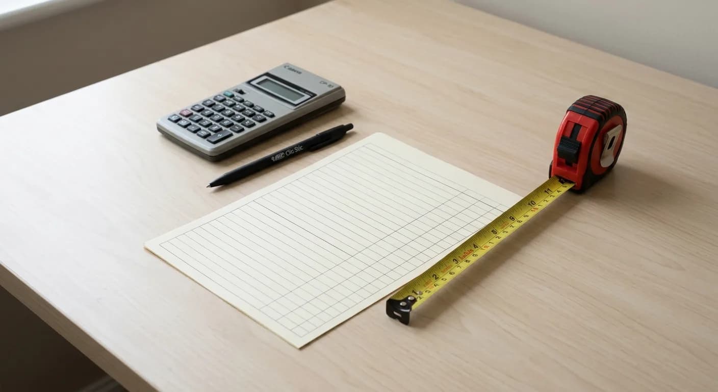 Calculator, pen, tape measure and a blank ruled costing table on a desk