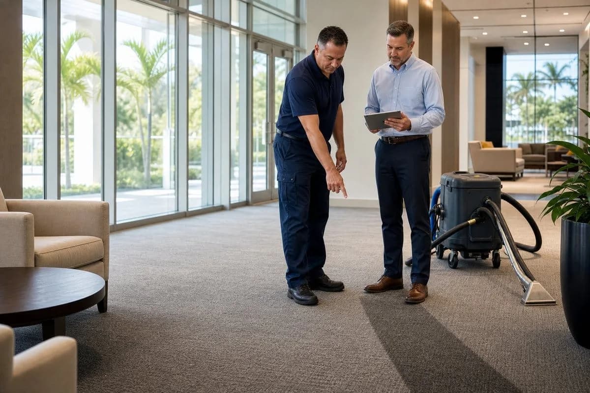 Facility manager reviewing a commercial carpet cleaning schedule in a South Florida office
