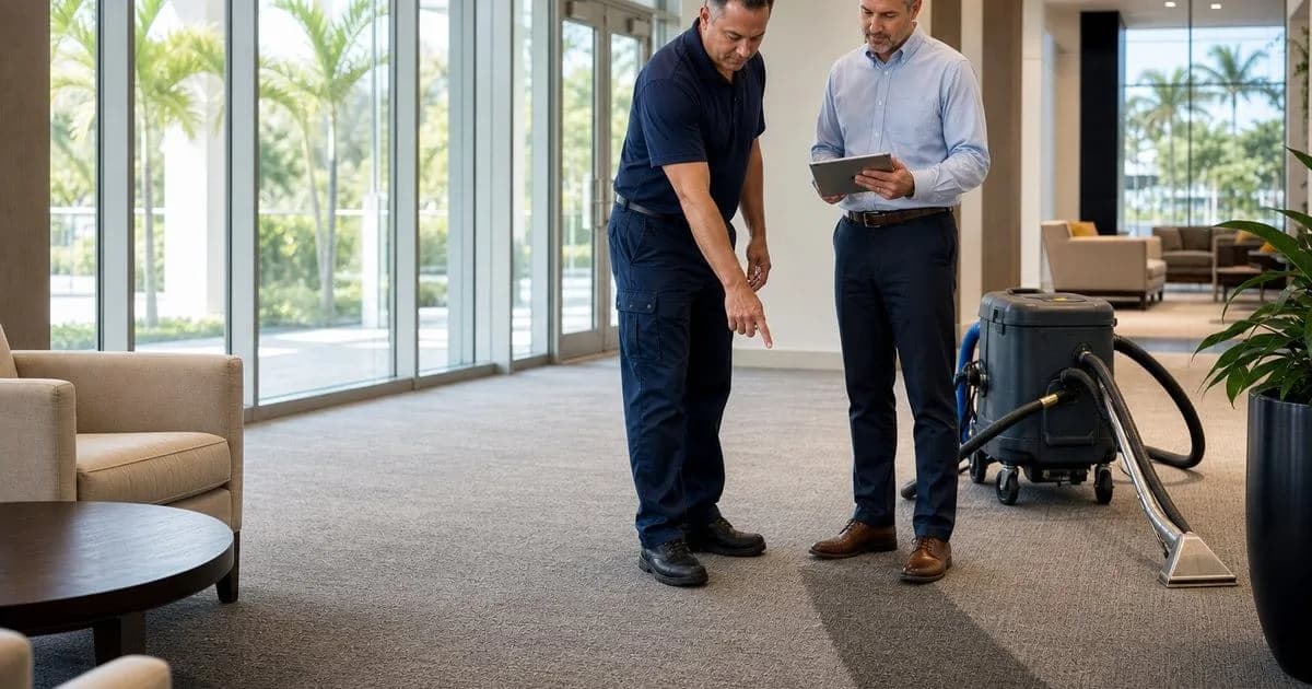Facility manager reviewing a commercial carpet cleaning schedule in a South Florida office