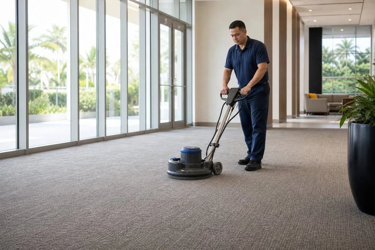 Low-moisture carpet cleaning technician maintaining a South Florida office carpet
