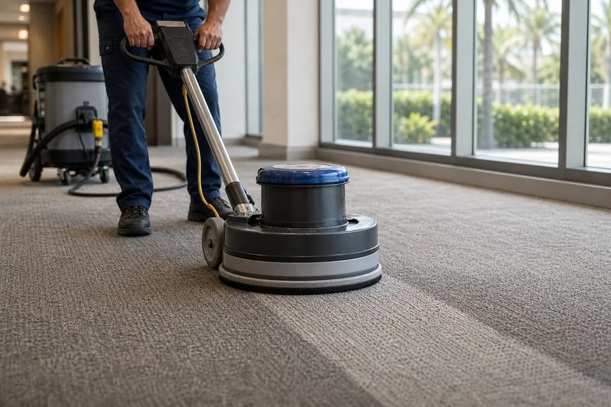 Low-moisture carpet cleaning machine cleaning a South Florida commercial carpet