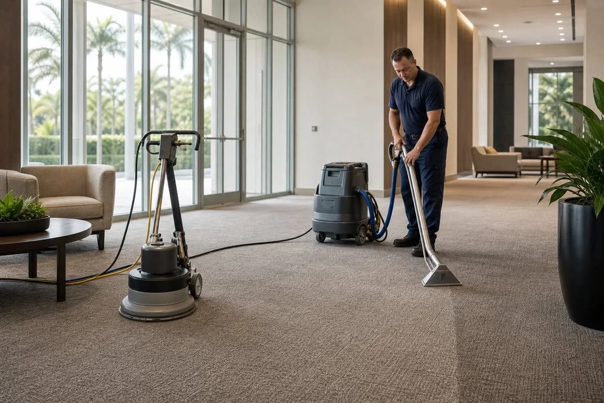 Low-moisture and hot-water extraction carpet cleaning equipment in a commercial lobby