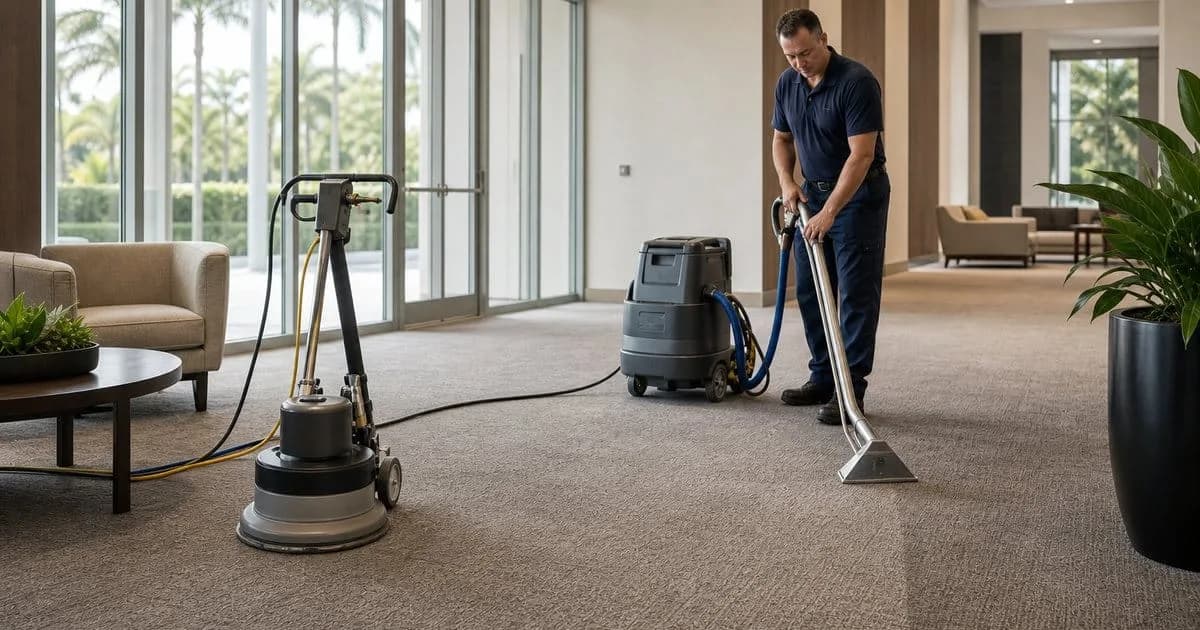 Low-moisture and hot-water extraction carpet cleaning equipment in a commercial lobby
