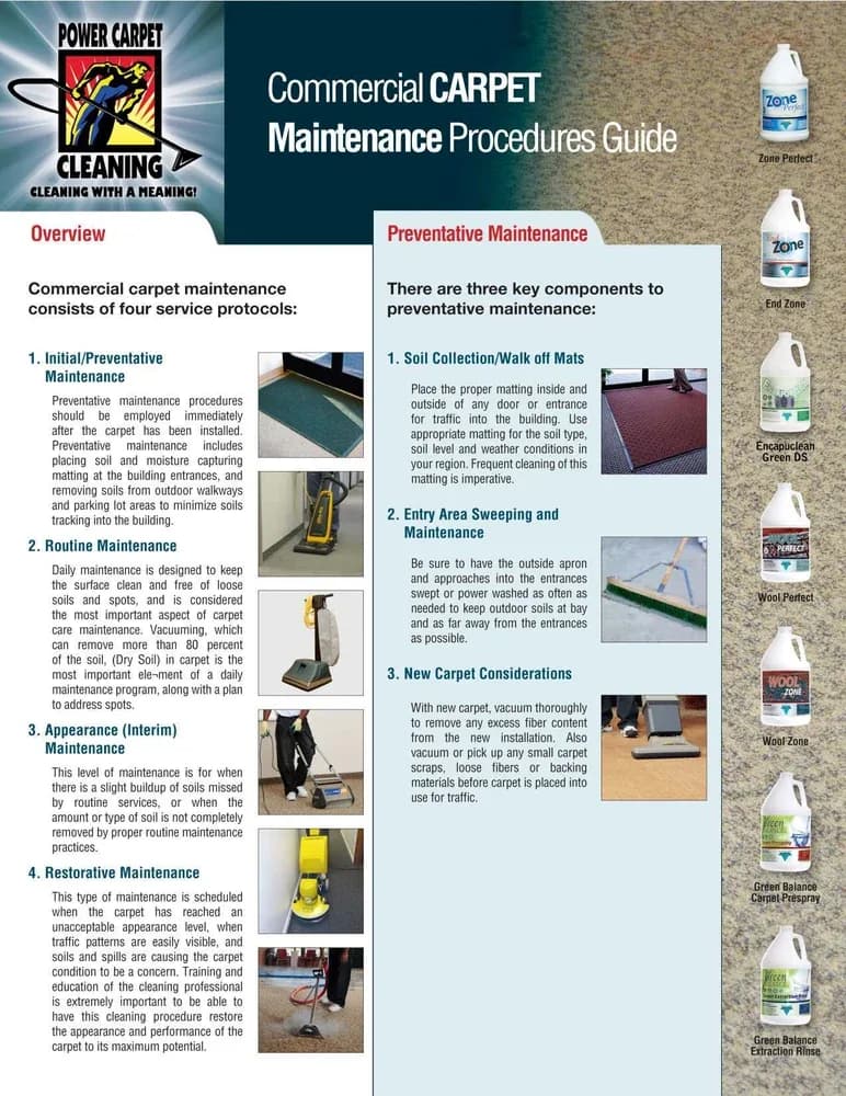 Cover of the Power Carpet Cleaning Commercial Carpet Maintenance Procedures Guide, showing the four service protocols