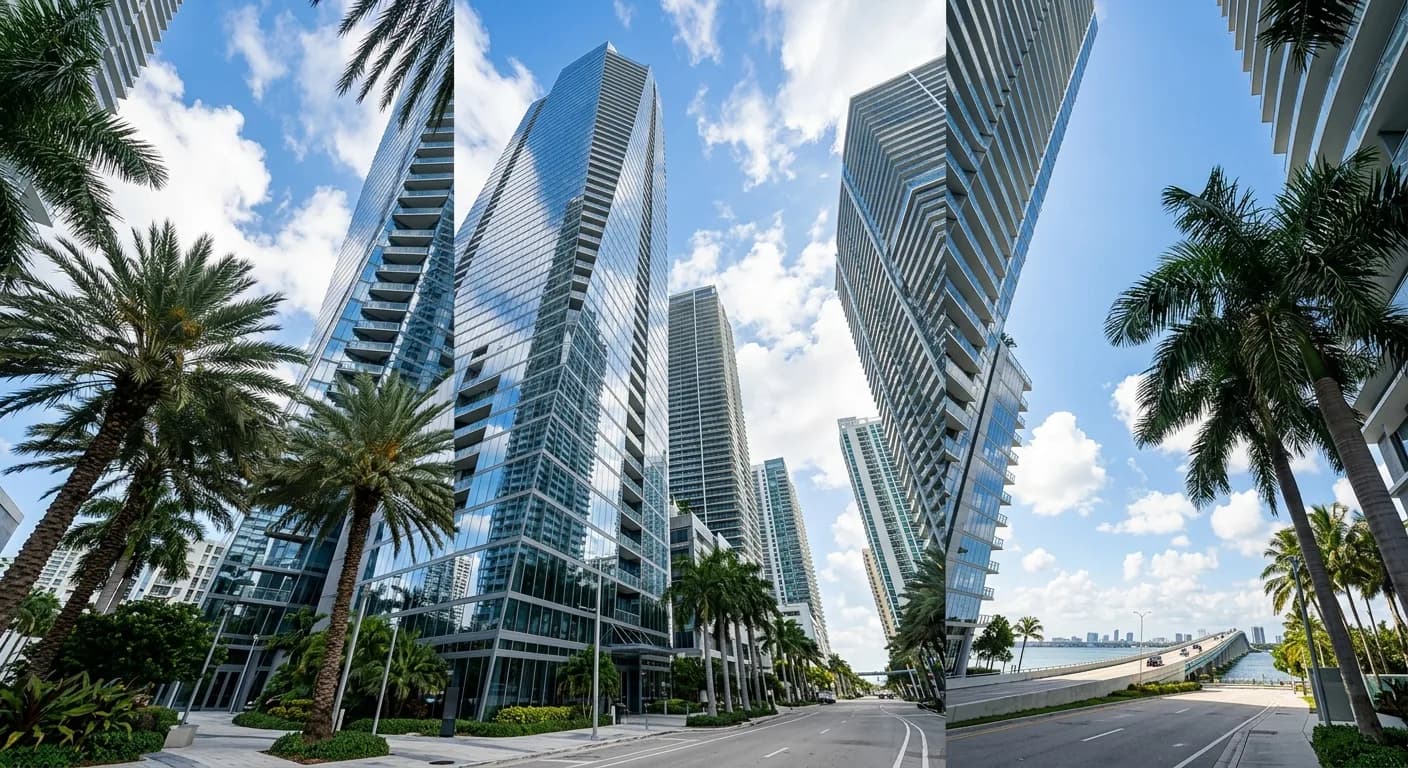 Cluster of tall glass towers in a subtropical city with palms in the foreground and a causeway beyond