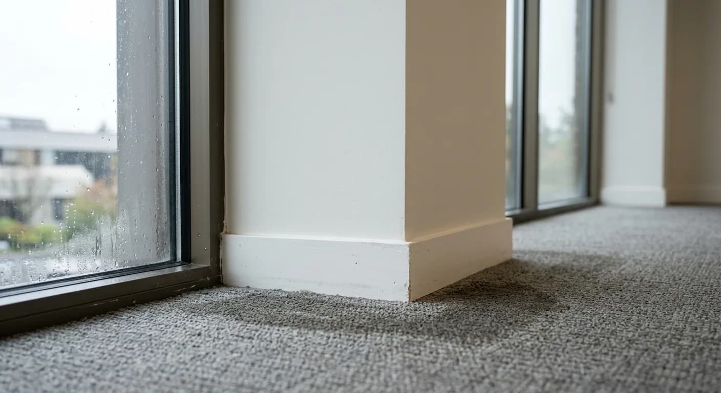 Carpet edge along a wall showing faint discolouration below a window with condensation on the glass