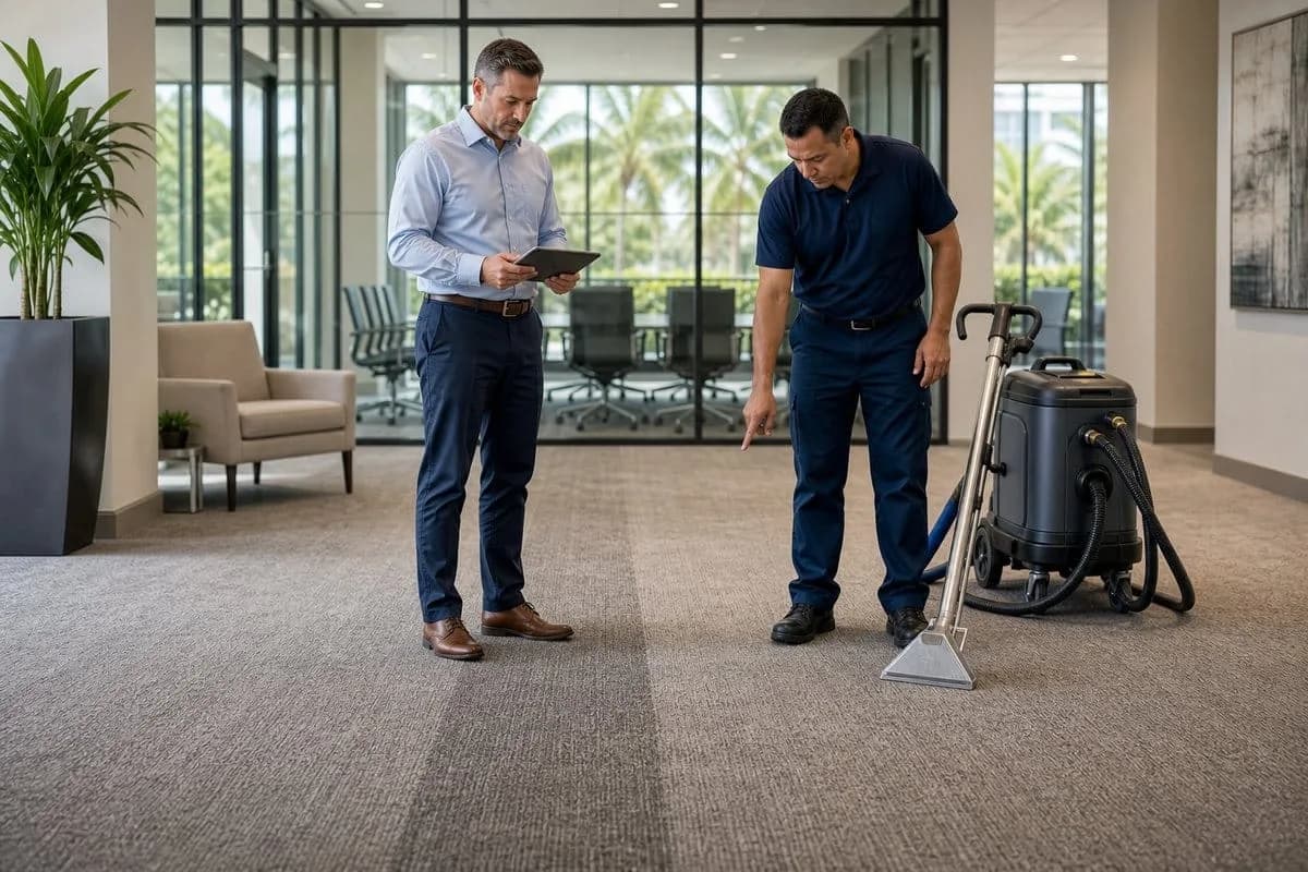 Facility manager and technician reviewing an office carpet cleaning checklist