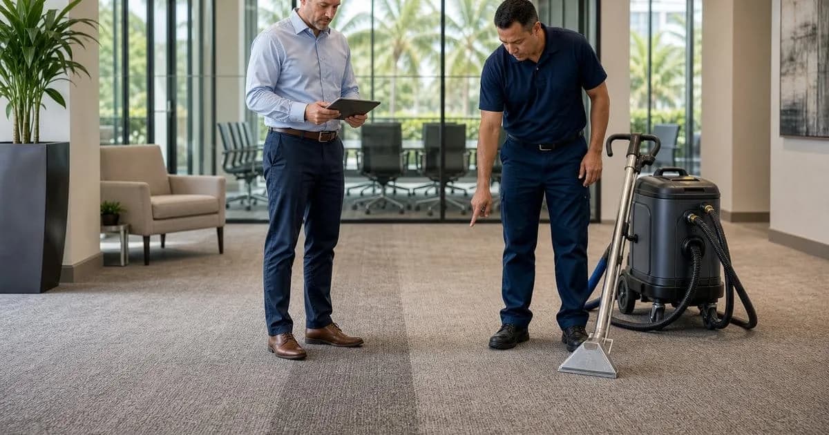 Facility manager and technician reviewing an office carpet cleaning checklist