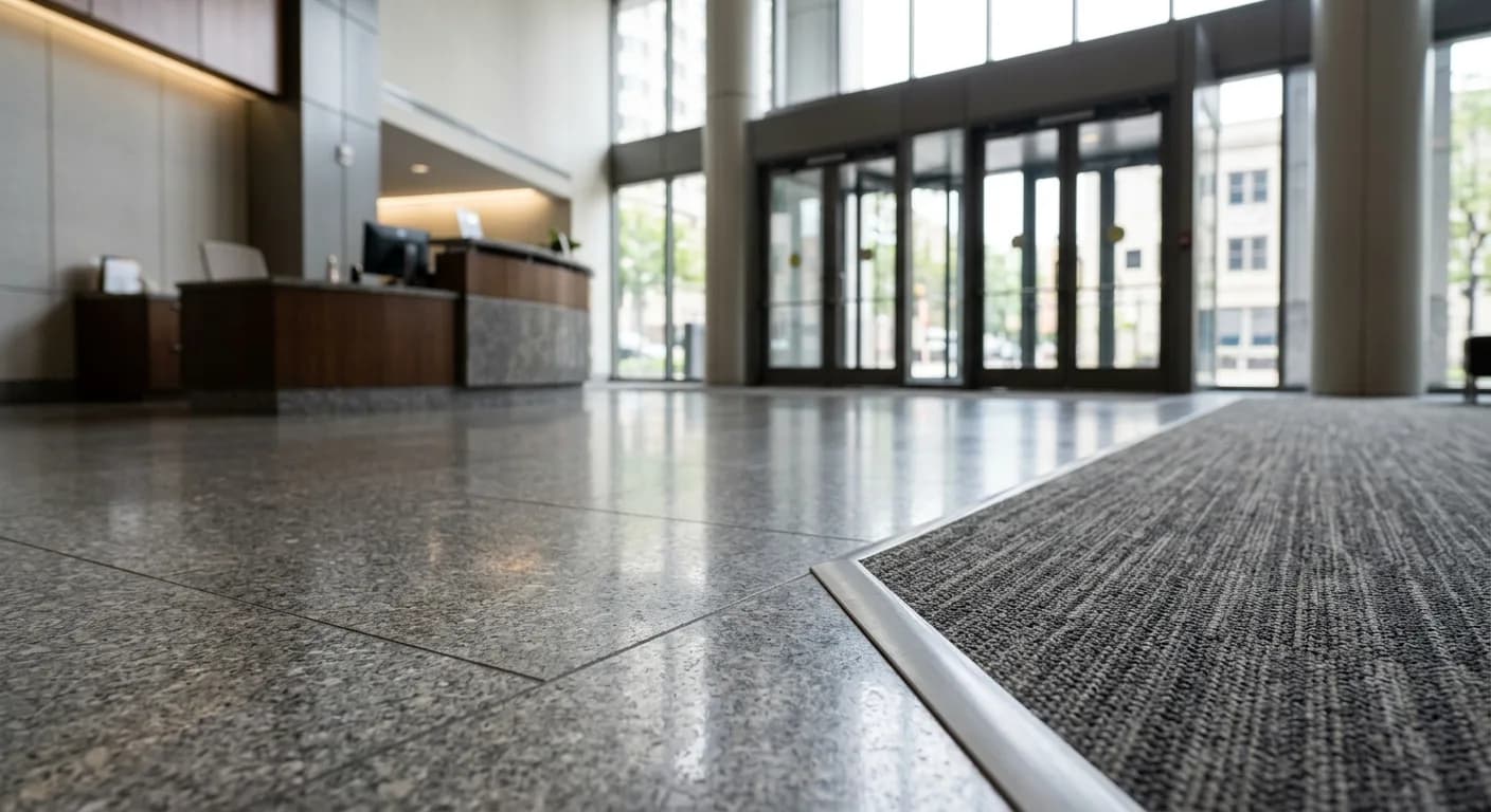 Boundary between polished stone flooring and commercial carpet in a building lobby