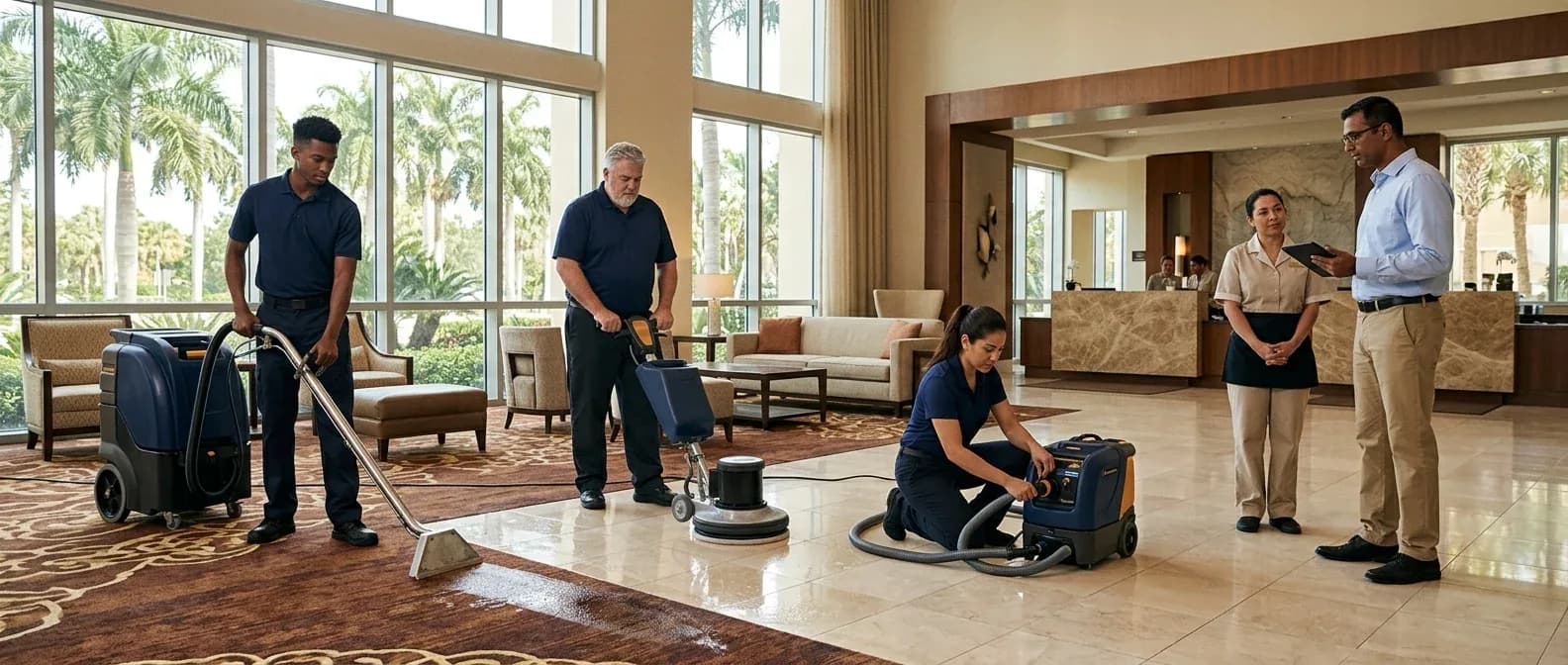 Power Carpet Cleaning technicians extracting commercial carpet, machining a tile floor, and training hotel housekeeping staff in a South Florida hotel lobby