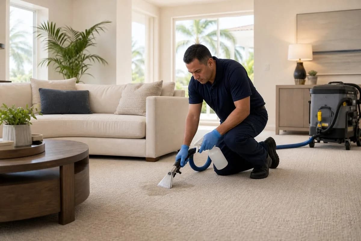 Technician treating a pet stain on carpet in a South Florida home