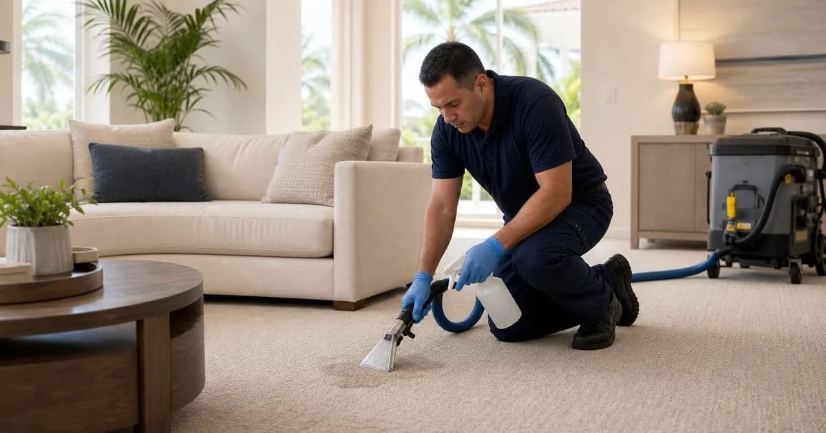Technician treating a pet stain on carpet in a South Florida home