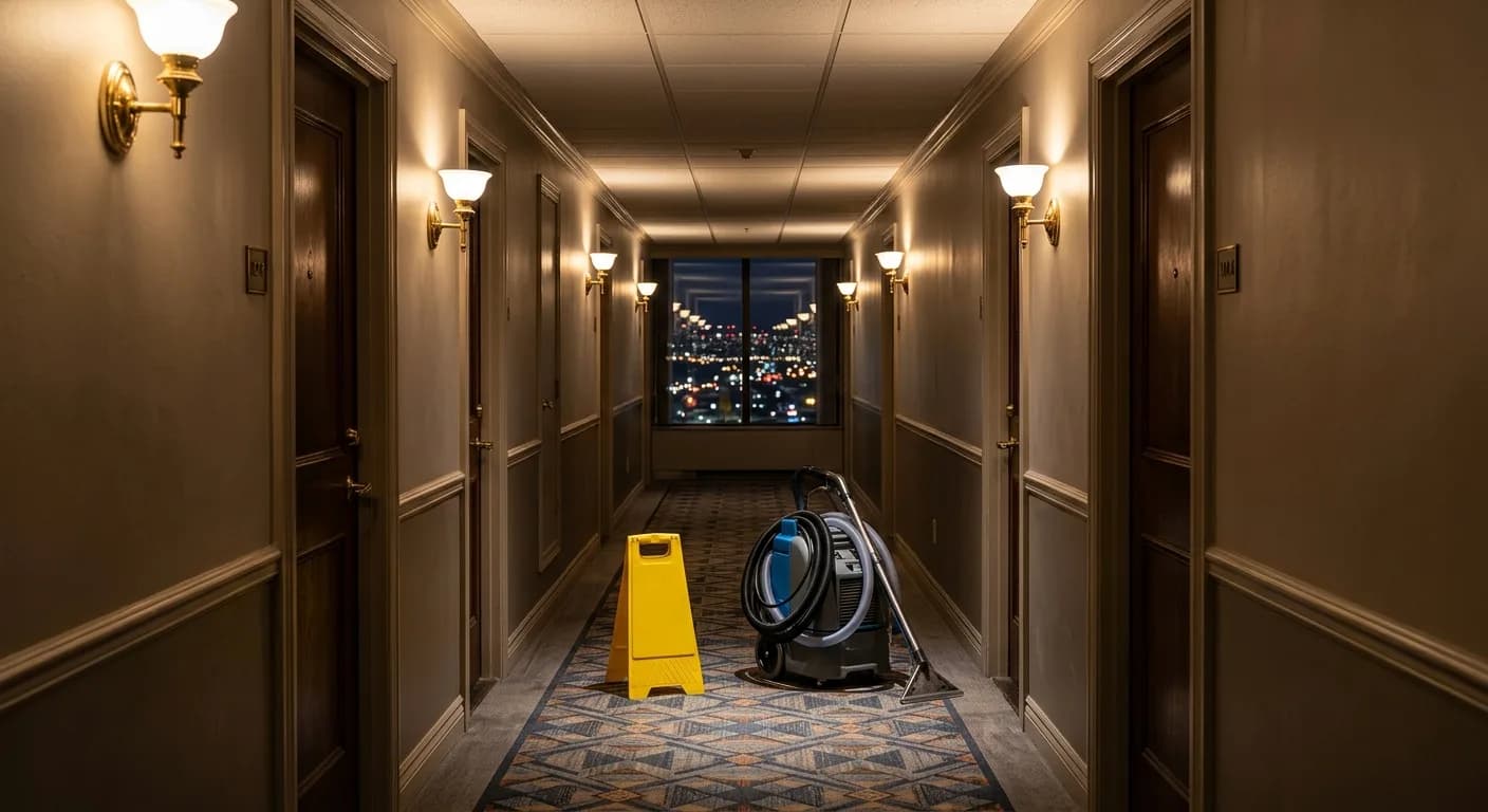Portable carpet extraction machine and a caution sign in a high-rise residential corridor at night