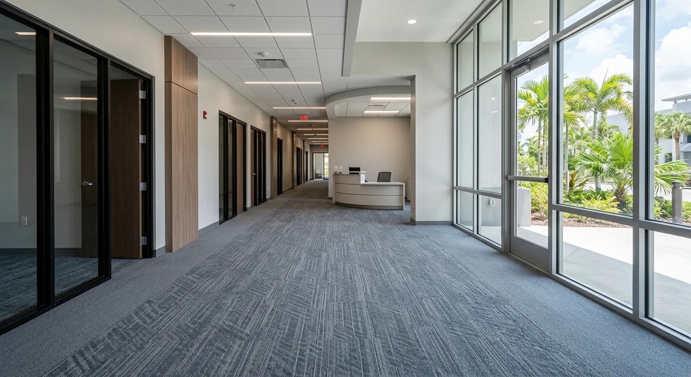 Carpeted corridor leading to the reception desk of a managed multi-tenant office building, with a glass wall onto palms