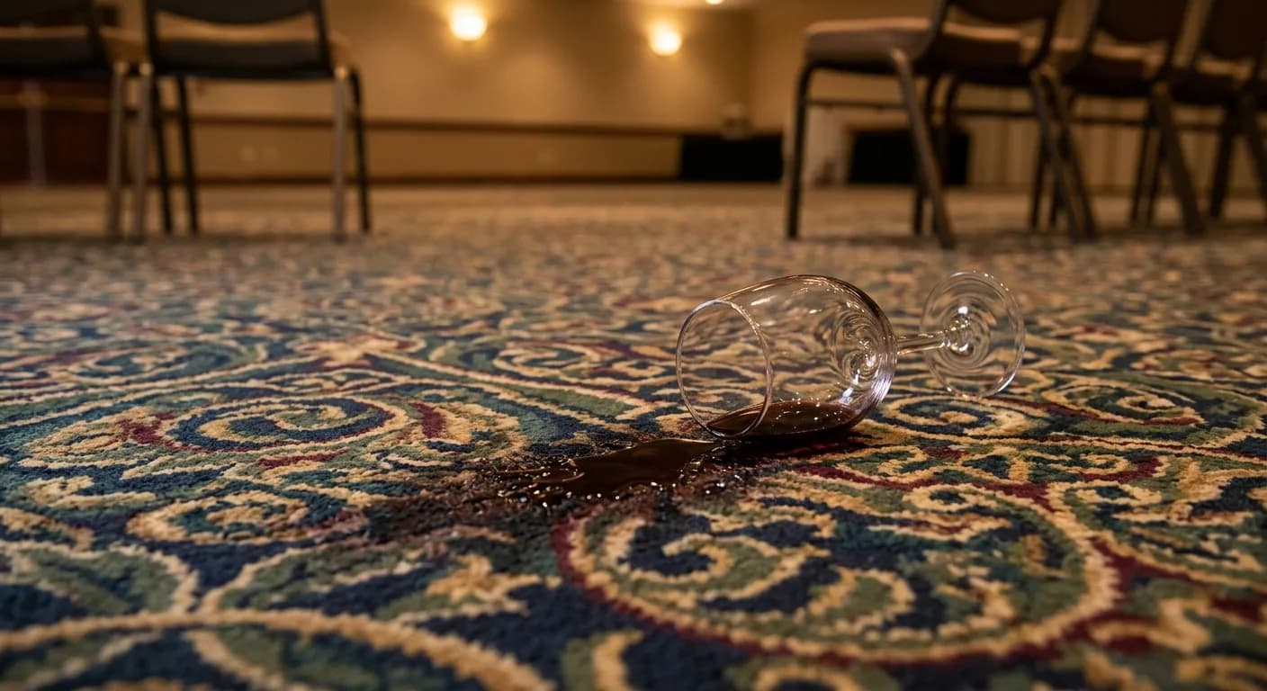 Fallen wine glass and a spreading red spill on patterned commercial carpet in a function room