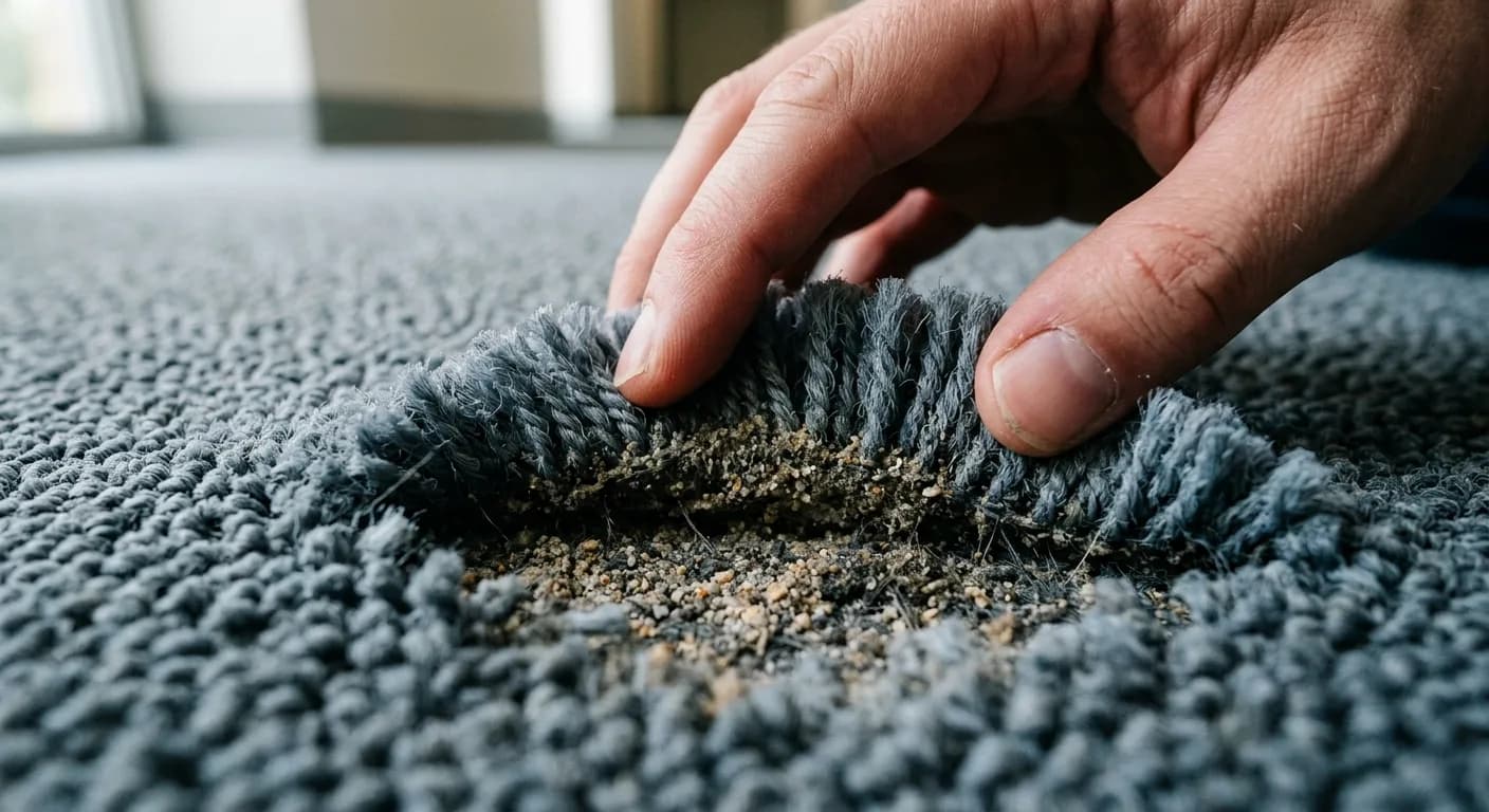 Hand parting commercial carpet pile to show embedded grit at the base of the fibres