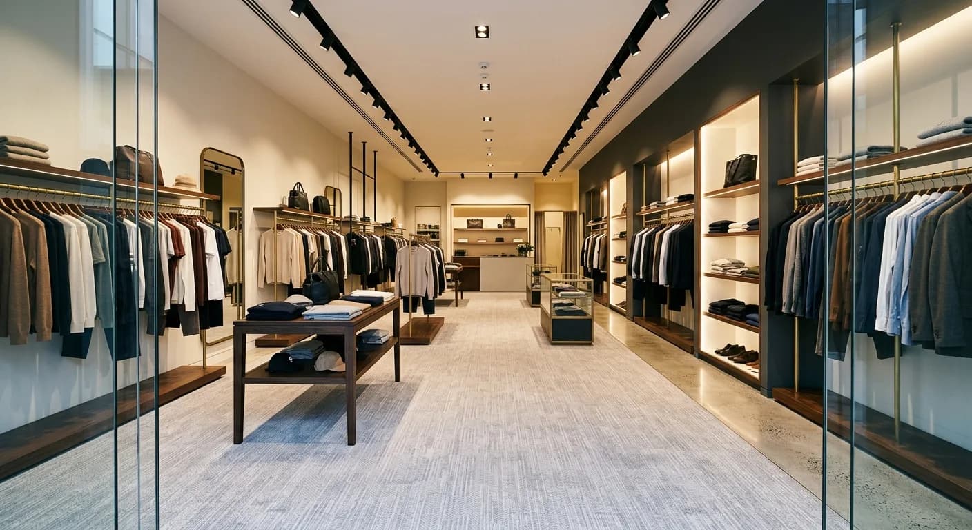 Empty upmarket clothing shop before opening with pale patterned carpet and display rails under track lighting