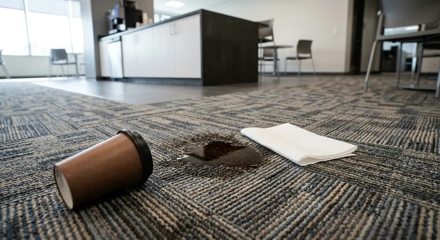 Fresh coffee spill on patterned commercial carpet with a folded white towel beside it