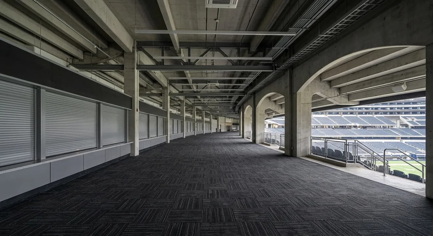 Empty stadium concourse with dark patterned carpet showing fresh grooming lines running into the distance
