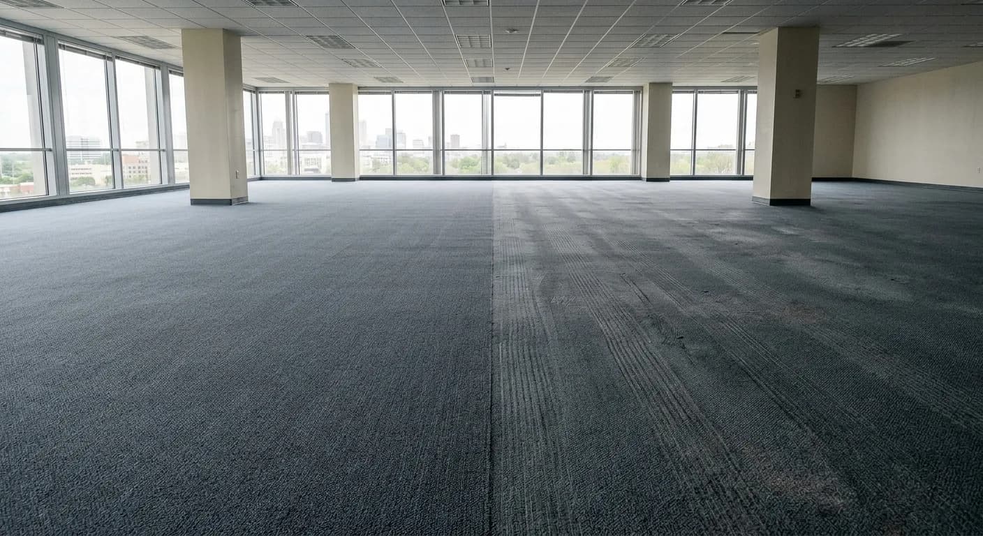Commercial carpet with one half evenly groomed and the other showing visible wand marks and a duller tone