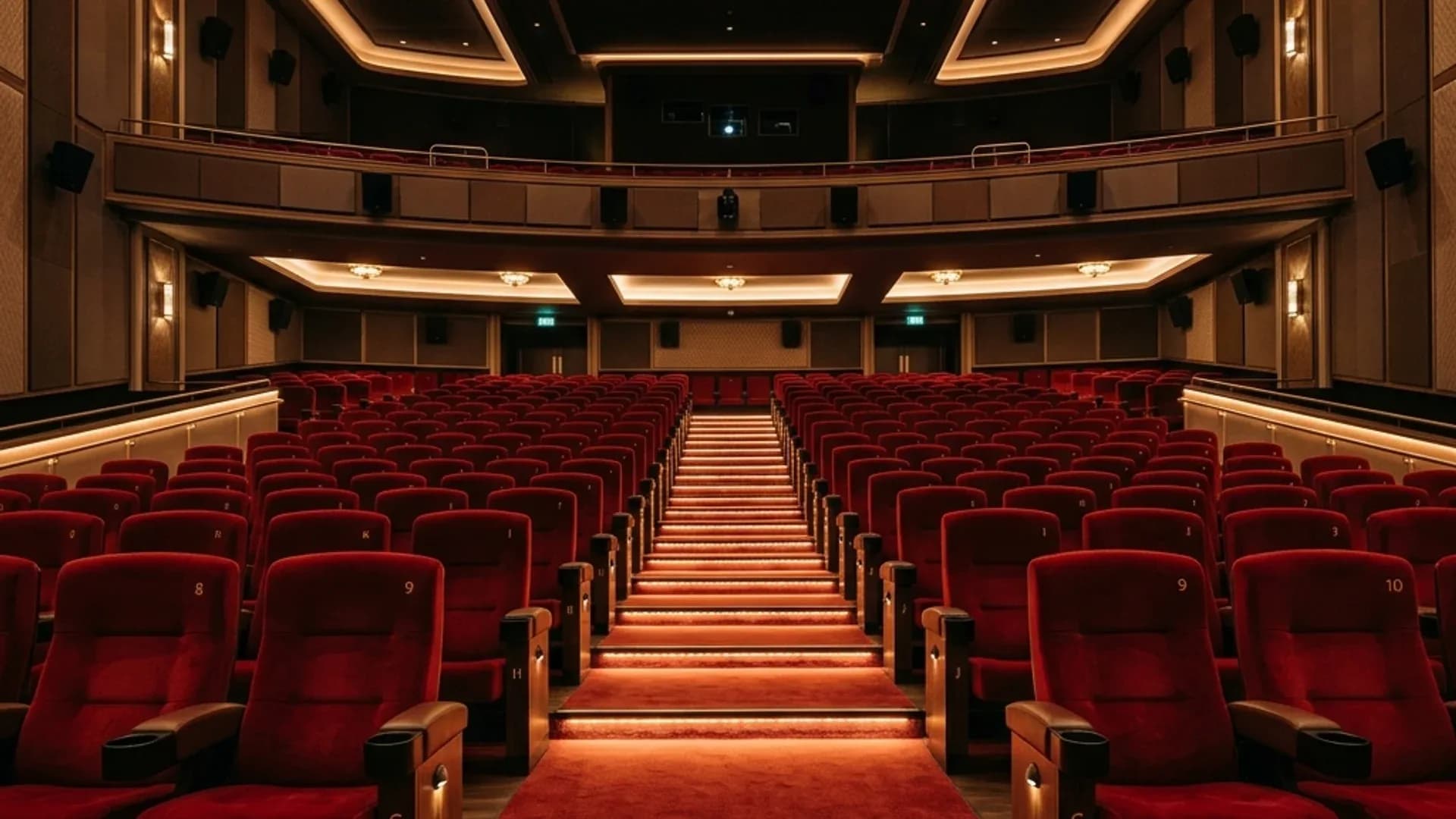 Pristine red plush aisle carpeting in luxury cinema auditorium